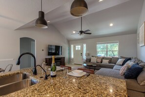 Smart TV, fireplace, books