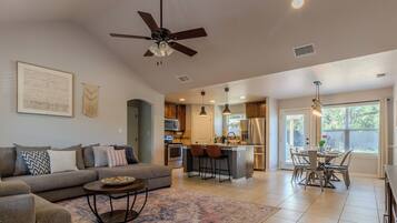 Smart TV, fireplace, books