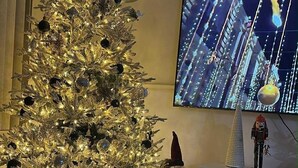 A living room with a large Christmas tree, a flat-screen TV, and a clock on the wall. - Upscale Mountain Cottage with Hot Tub & Fireplace (Long Pond)