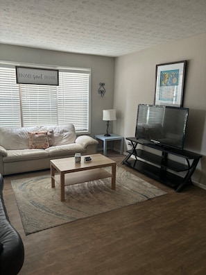 Un salon comprenant un canapé, une table basse, un téléviseur et des objets de décoration.
