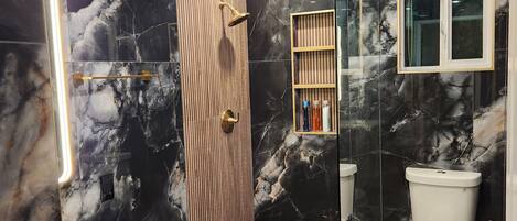 Hair dryer, towels, soap, toilet paper