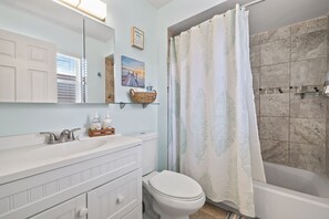 Hair dryer, towels, soap, toilet paper