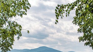 A rural landscape with a dirt path, a person gardening, and a view of green fields and mountains in the distance. - White Mountain Cottage, Birchcliff (Shelburne)