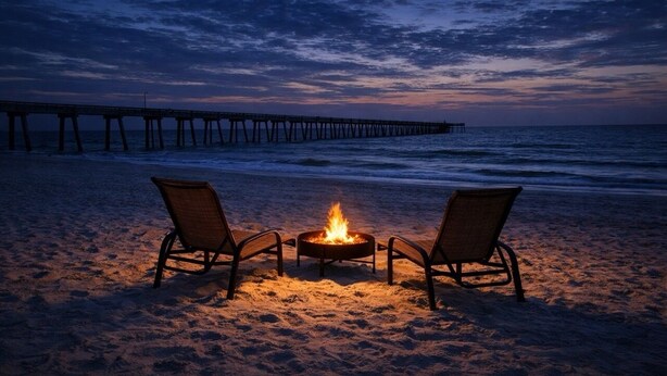 A beach scene with a fire pit and two chairs facing the ocean, a pier extending into the water, and a sunset sky. - Seaside Escape | Pool • Ocean Views • Family Ready (Navarre)