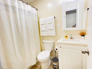 Une salle de bain équipée d’un WC, d’un lavabo, d’un miroir, d’un rideau de douche et d’une poubelle.