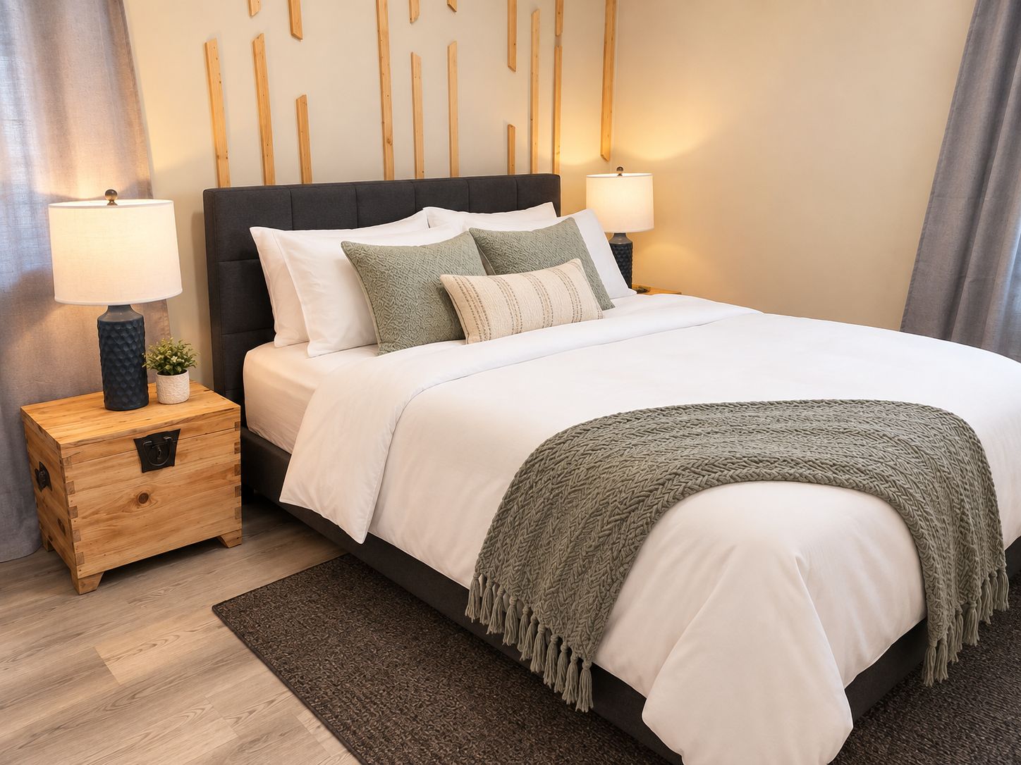 A neatly made bed with white linens and a green throw blanket, flanked by two bedside tables with lamps and a small plant.