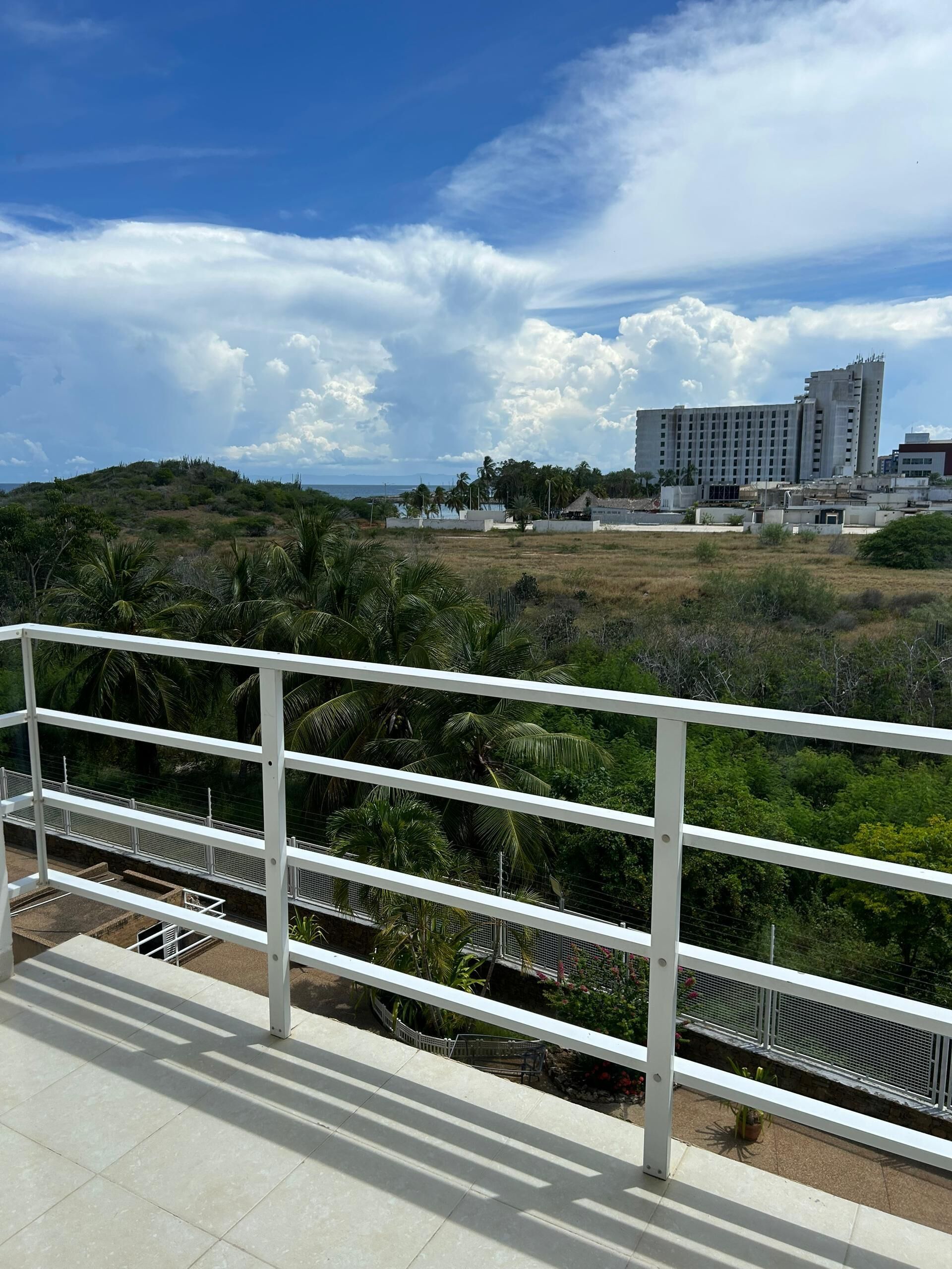 A view from a balcony with a white railing, overlooking a hilly landscape with palm trees and a large building in the distance.