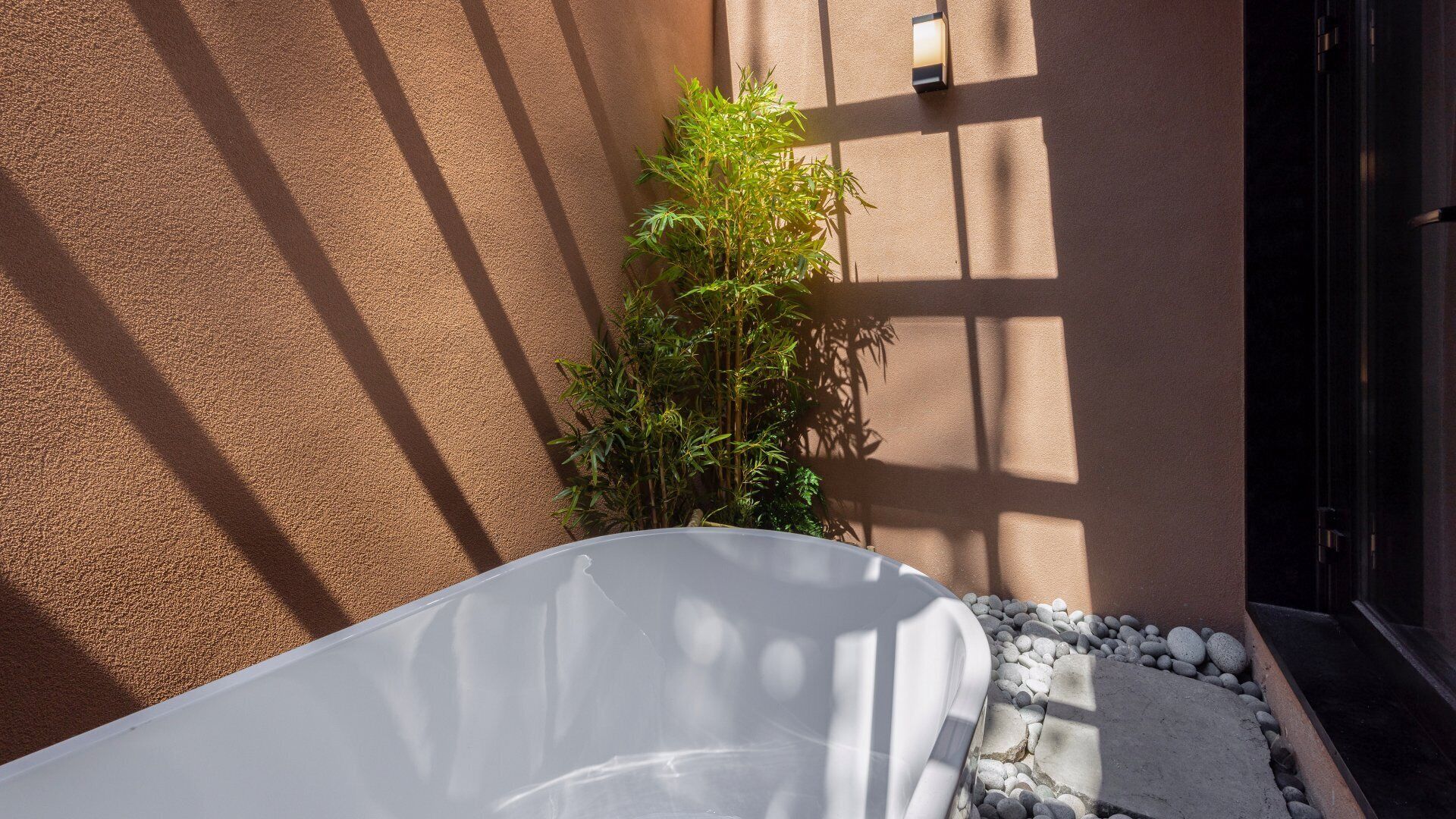A white bathtub in a corner with a textured wall and a small plant beside it.