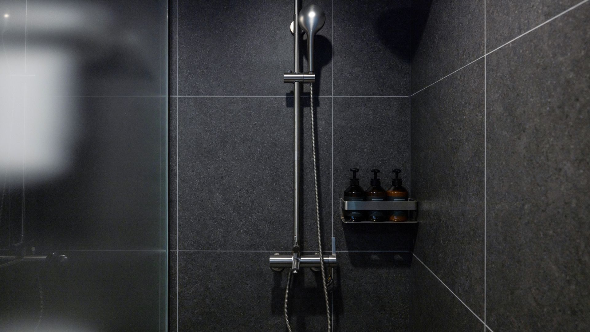 Eine moderne Dusche mit Handbrause und fest installierter Duschkopf. Ein Ablagebereich zeigt drei Flaschen, vermutlich mit Shampoo oder Spülung.