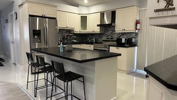 Fridge, microwave, electric kettle, toaster