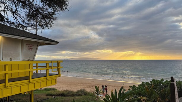 A lifeguard tower with a beach view, a sandy beach, and some greenery. - Chic Maui Studio Steps from Beach & Ocean (Kihei)