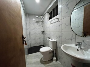 Shower, slippers, towels, soap