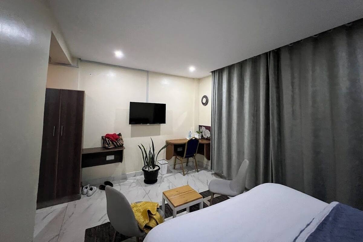 A hotel room with a bed, a desk with a chair, a television, and a potted plant.