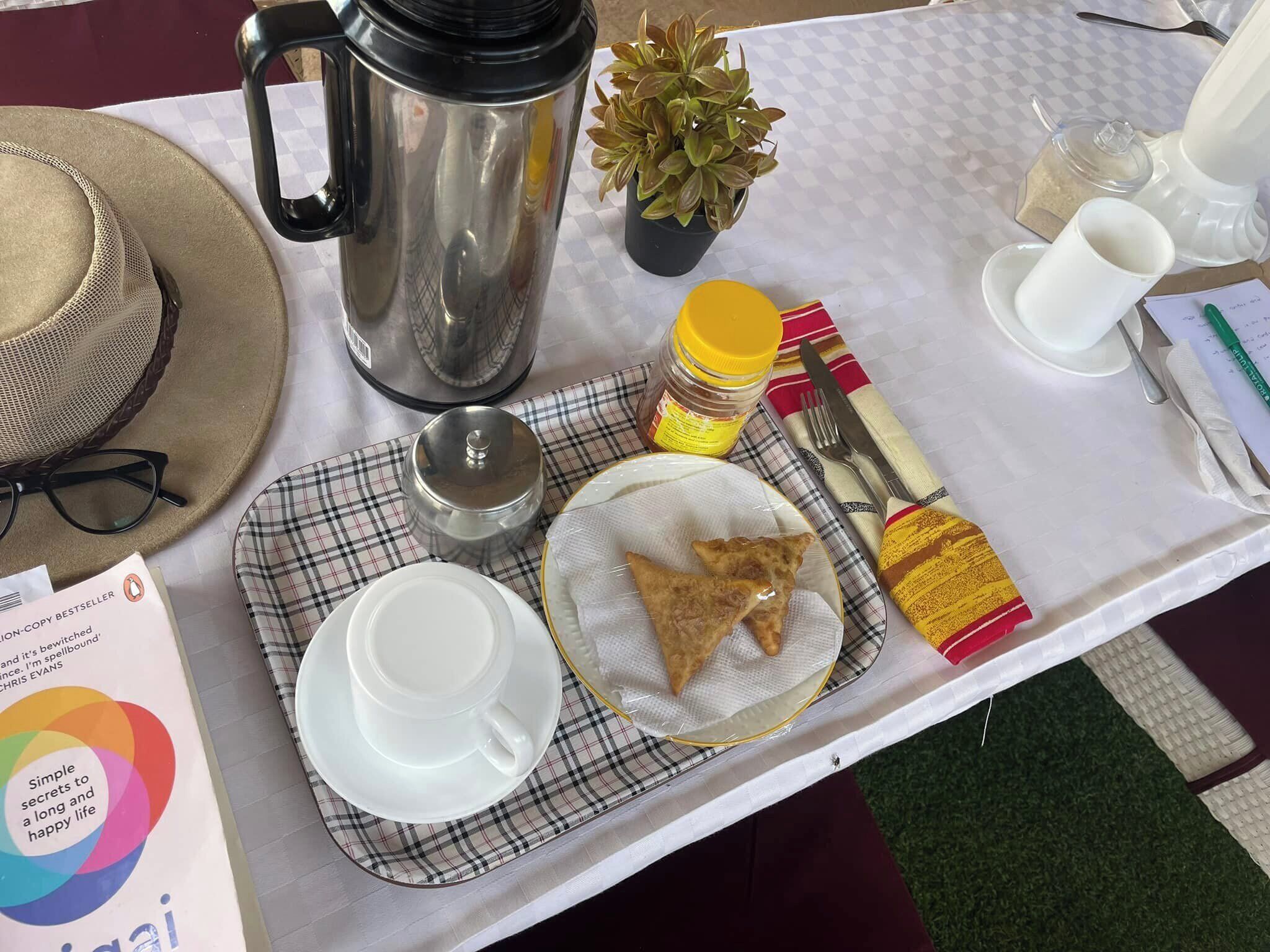 A table set with a coffee pot, a small potted plant, a jar of honey, a plate with triangular pastries, a cup, a knife, and a fork.