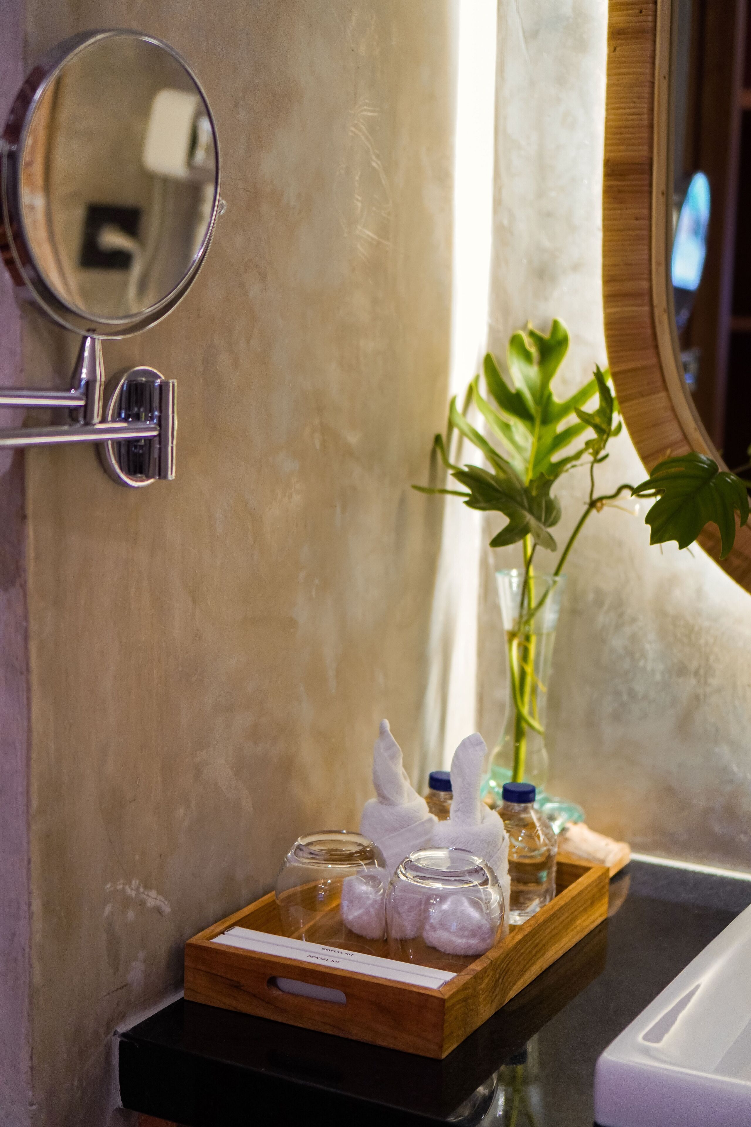 Een badkamer met een houten dienblad met toiletartikelen, een spiegel en een potplant.