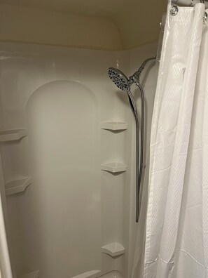 Hair dryer, towels, soap, shampoo