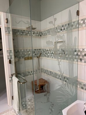 Shower, hair dryer, towels, soap