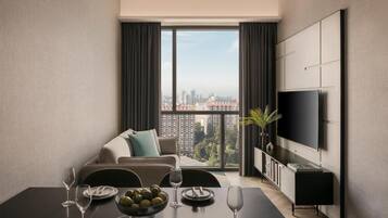 Smart TV, chimenea, reproductor de DVD y libros