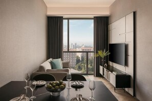 TV connectée, cheminée, lecteur de DVD, livres