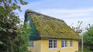 Una casa pequeña de un piso con techo de paja cubierto de musgo y una puerta verde.