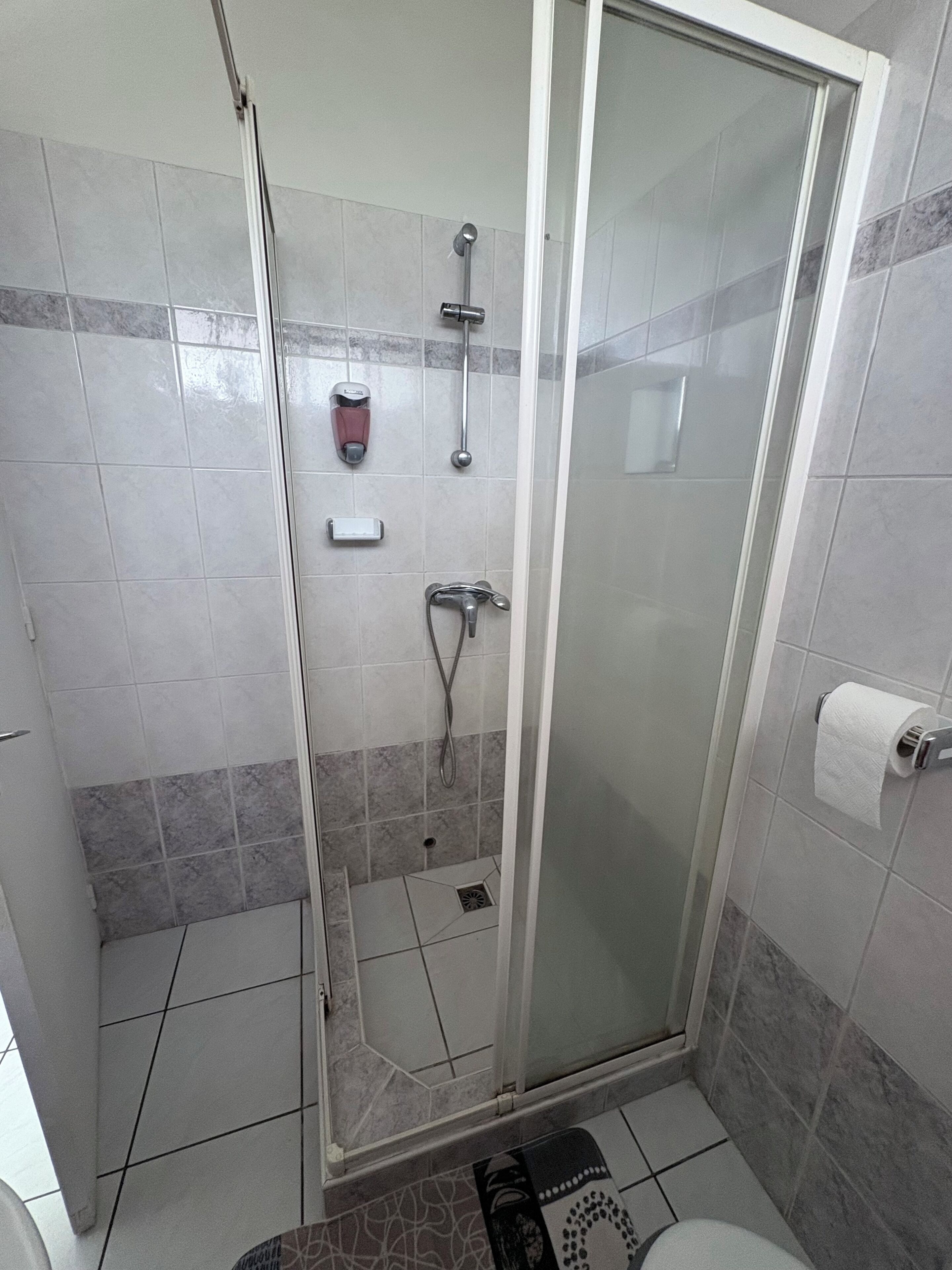 A shower with a glass door, a handheld showerhead, a wall-mounted faucet, and a toilet with a paper towel holder.
