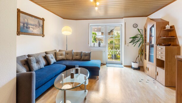 Un salon avec un canapé bleu, une table basse en verre, un plafond en bois, un tableau au mur, une lampe et une vue à travers une porte vitrée.