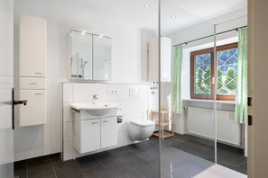 Ein modernes Badezimmer mit Duschkabine aus Glas, einem weißen Waschbecken und einer Toilette.