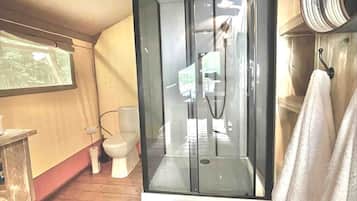 Hair dryer, towels, soap, shampoo