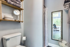 Hair dryer, towels, soap, shampoo