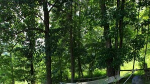 A hot tub with steps leading up to it, surrounded by a wooden deck and a grassy area with a hammock and a stone wall. - Rustic Log Cabin Rental with a Hot Tub near Asheville, North Carolina (Clyde)