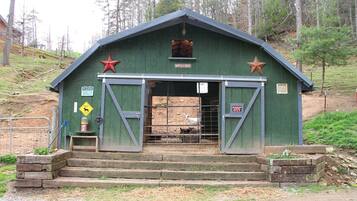 A green building with a star emblem, a warning sign, and a 'Keep Out' sign.
