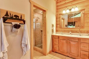 Jetted tub, hair dryer, towels, soap