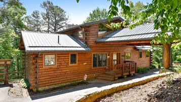 A log cabin with a porch, a covered deck, and a metal roof.