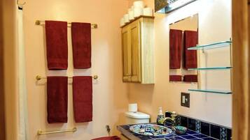 Hair dryer, towels, soap, shampoo