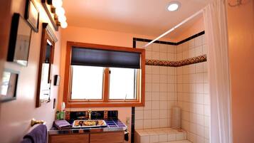 Hair dryer, towels, soap, shampoo