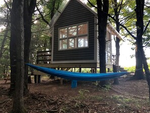 A cabin with a large window, surrounded by trees, and a hammock in front.