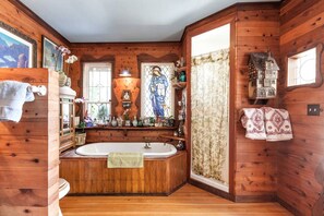 Jetted bath, hair dryer, towels, soap