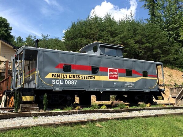A train car with 'Family Lines System' and 'SCL 0887' visible, parked on tracks with a forested background.