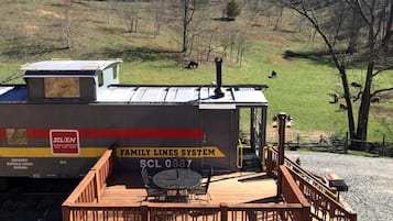 A stationary train car with a wooden deck and seating area, labeled 'Family Lines System' and 'SCL 0887'.