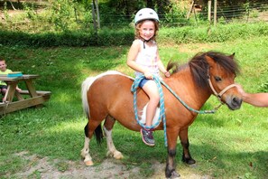 A child riding a horse in a grassy outdoor area. - Glamping Caboose Rental Perfect for Families near Clyde, North Carolina (Clyde)