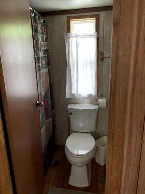 A small bathroom with a toilet, a shower curtain, and a window with a curtain.