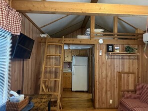 Une pièce compacte avec un intérieur en bois, une petite kitchenette, un réfrigérateur, un téléviseur fixé au mur et une échelle en bois.