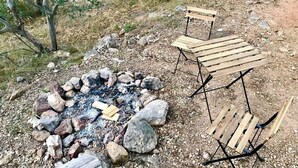 Ein Campingplatz mit einem Feuerkorb, umgeben von Steinen und zwei Holzbänken.