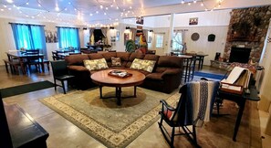 TV, fireplace, DVD player, foosball