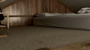 Un dormitorio bajo de techo con techo inclinado, paredes de madera, una cama individual y un escritorio pequeño.