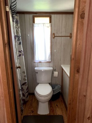 Ein kleines Badezimmer mit Toilette, einem kleinen Fenster mit Vorhang und Holzboden.