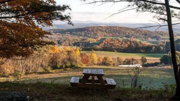 Ein Picknicktisch in einer natürlichen Umgebung mit Blick auf eine hügelige Landschaft.