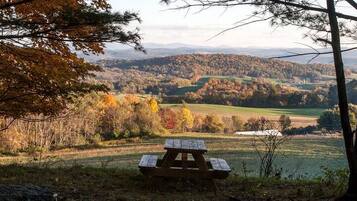 A picnic table in a natural setting with a view of a hilly landscape.