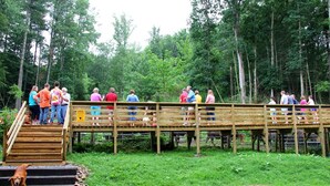 Un puente de madera con gente de pie, rodeado de un área boscosa.