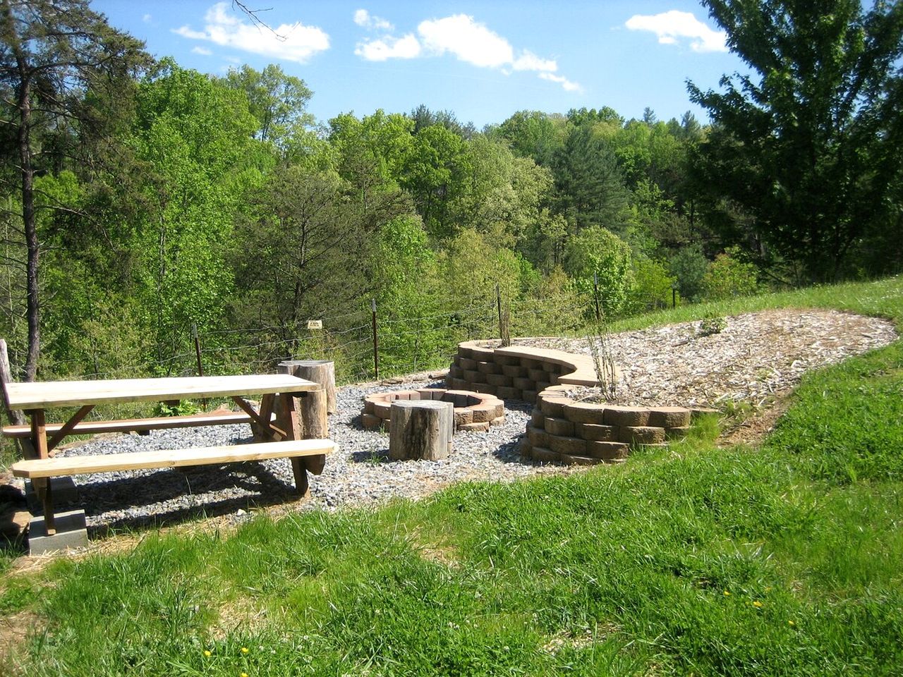A picnic area with benches and a fire pit surrounded by a gravel path.